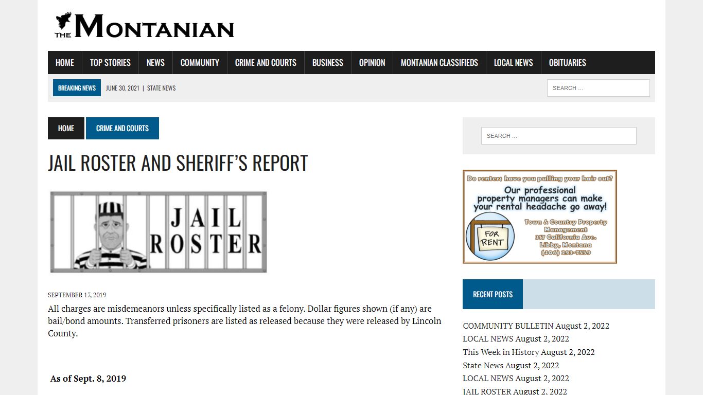 JAIL ROSTER AND SHERIFF'S REPORT | The Montanian